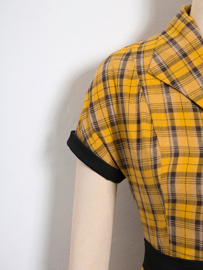 GELB 1950ER PLAID GÜRTEL BLUSE KLEID