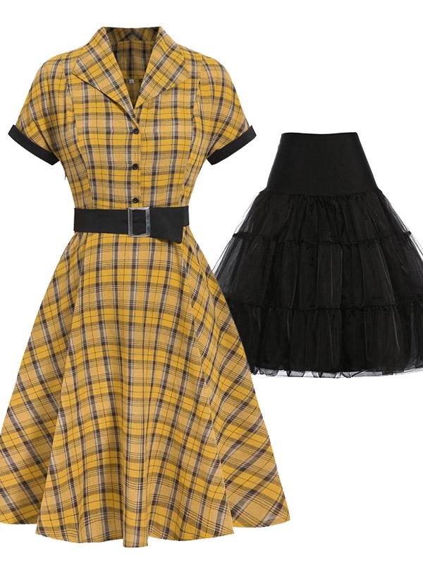2PCS GELB PLAID 1950ER KLEID  & SCHWARZ UNTERROCK