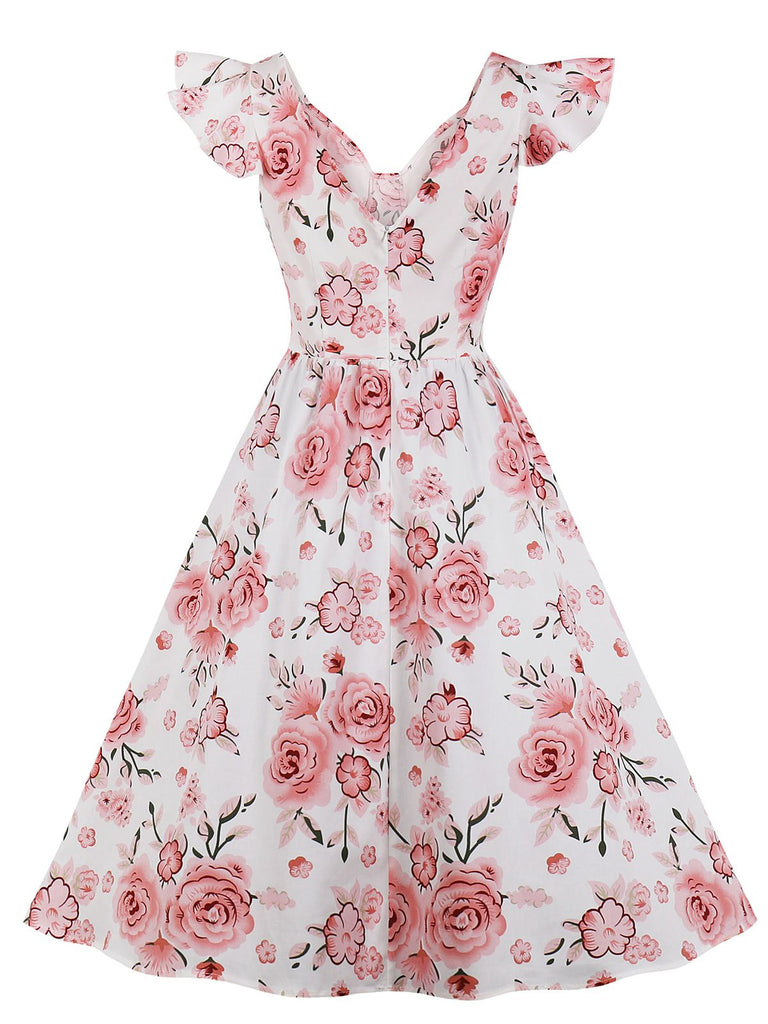 1950ER BLUMEN KURZ ÄRMEL V-AUSSCHNITT SWING KLEID