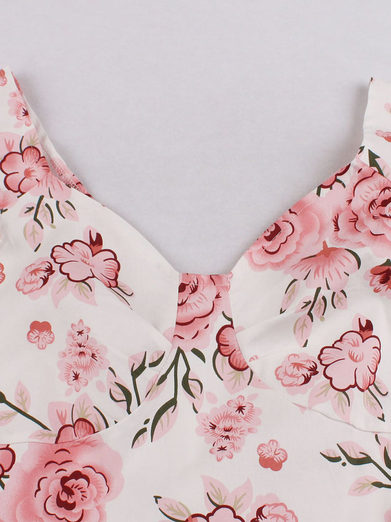 1950ER BLUMEN KURZ ÄRMEL V-AUSSCHNITT SWING KLEID