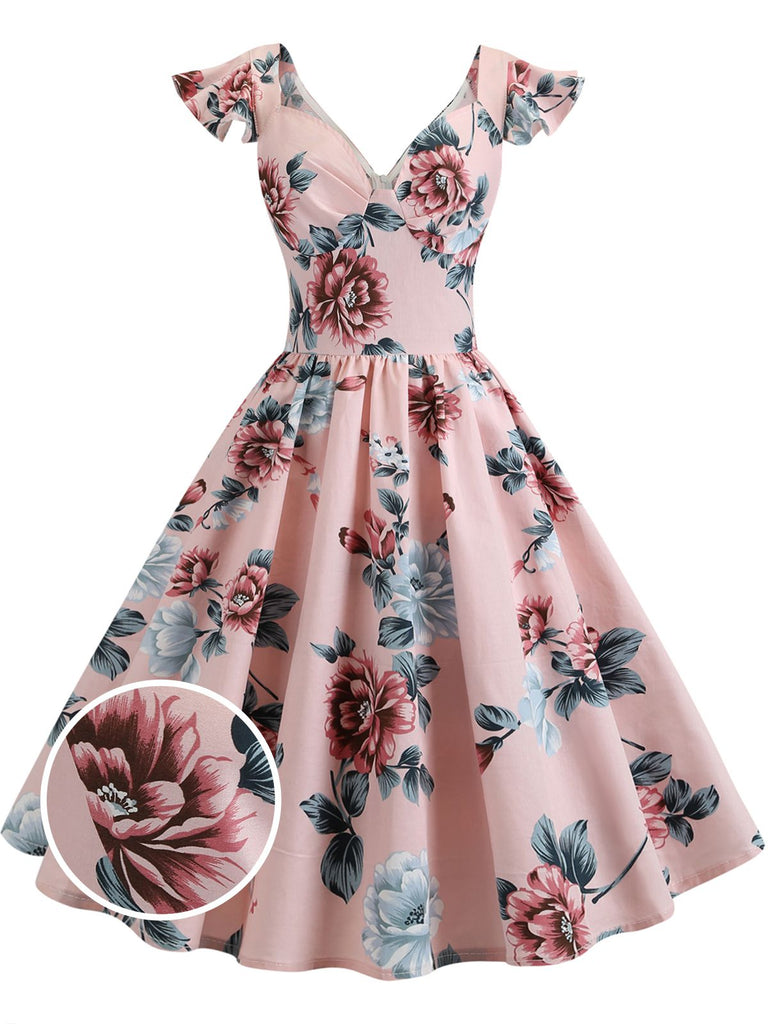 1950ER BLUMEN KURZ ÄRMEL V-AUSSCHNITT SWING KLEID