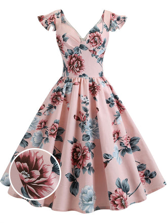 1950ER BLUMEN KURZ ÄRMEL V-AUSSCHNITT SWING KLEID