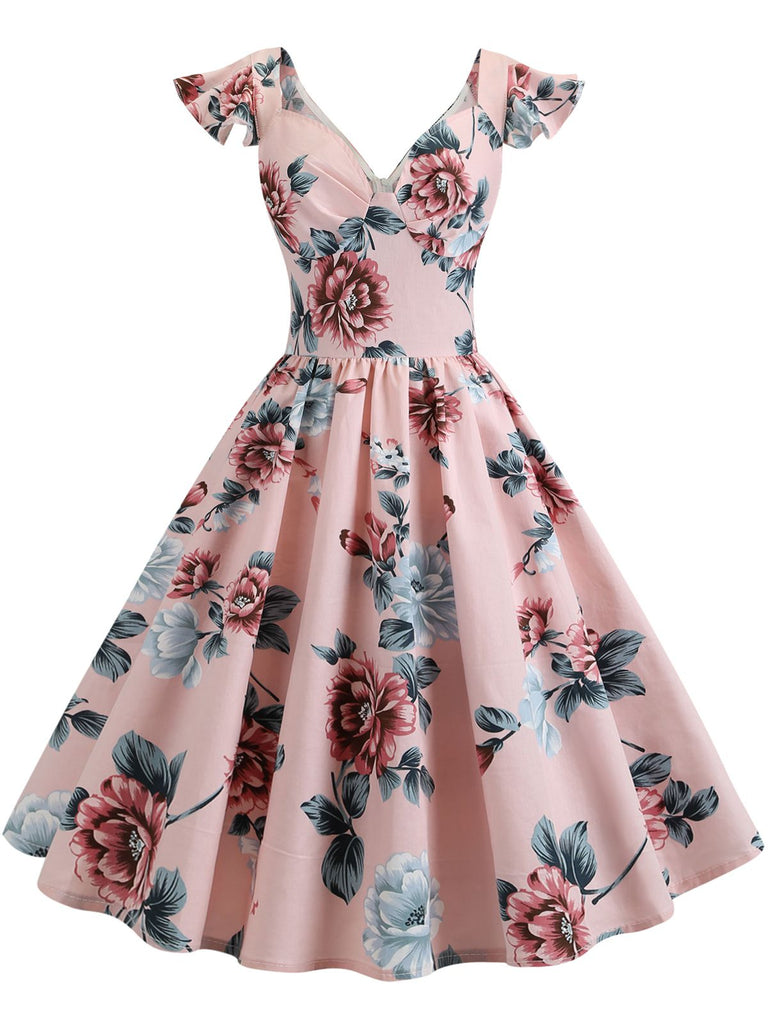 1950ER BLUMEN KURZ ÄRMEL V-AUSSCHNITT SWING KLEID