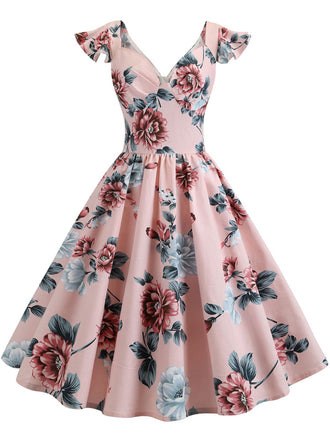 1950ER BLUMEN KURZ ÄRMEL V-AUSSCHNITT SWING KLEID