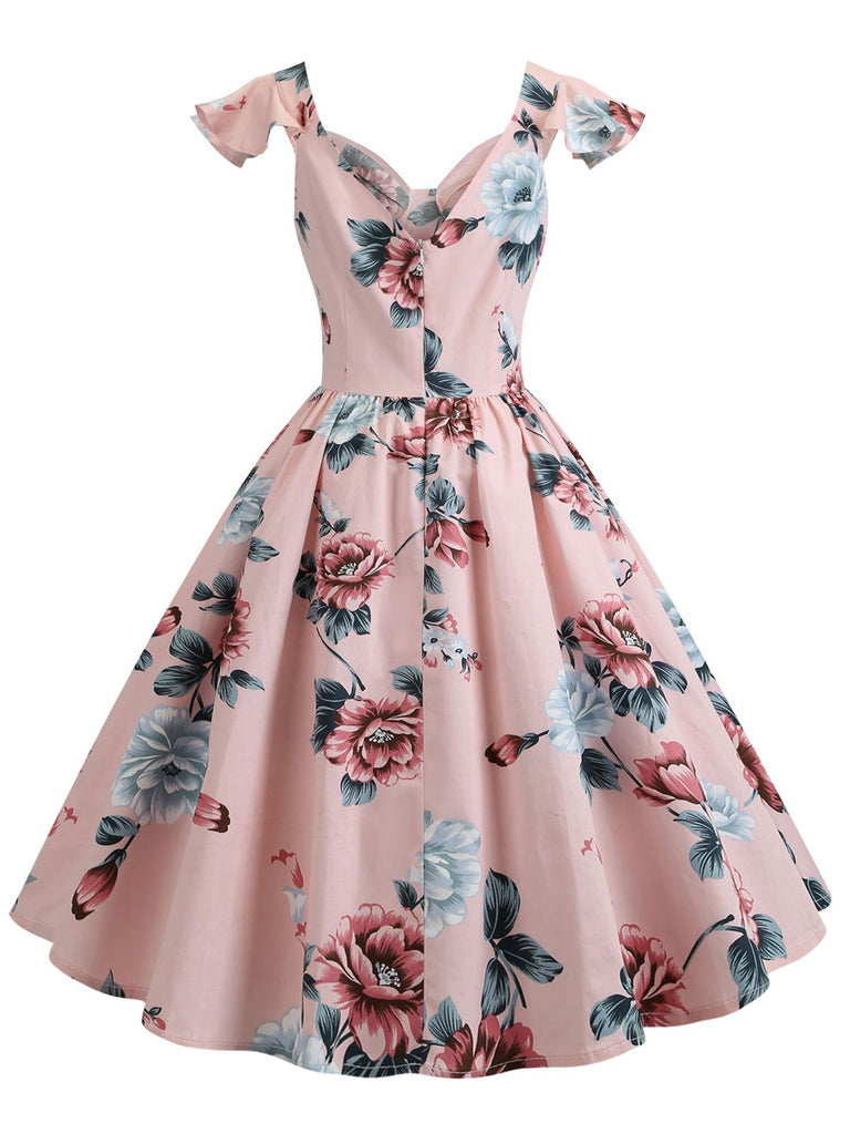 1950ER BLUMEN KURZ ÄRMEL V-AUSSCHNITT SWING KLEID