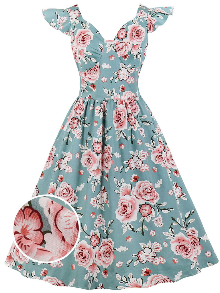 1950ER BLUMEN KURZ ÄRMEL V-AUSSCHNITT SWING KLEID