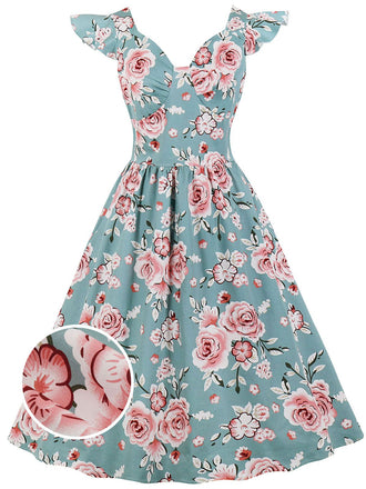 1950ER BLUMEN KURZ ÄRMEL V-AUSSCHNITT SWING KLEID