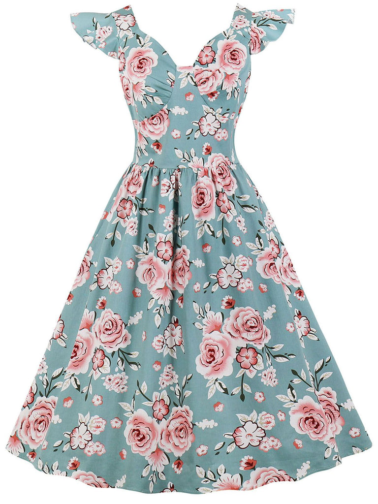 1950ER BLUMEN KURZ ÄRMEL V-AUSSCHNITT SWING KLEID