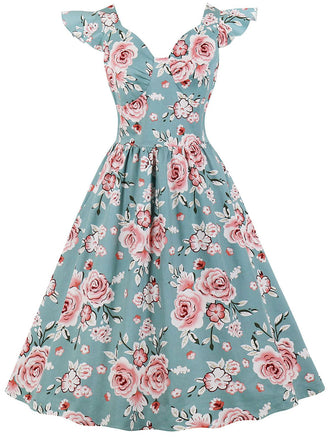 1950ER BLUMEN KURZ ÄRMEL V-AUSSCHNITT SWING KLEID