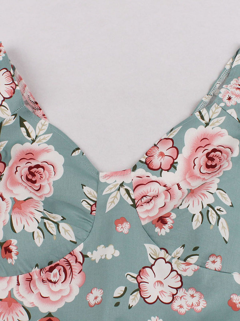 1950ER BLUMEN KURZ ÄRMEL V-AUSSCHNITT SWING KLEID