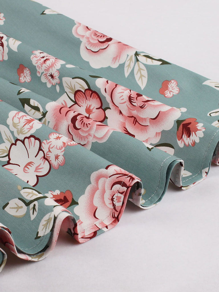 1950ER BLUMEN KURZ ÄRMEL V-AUSSCHNITT SWING KLEID