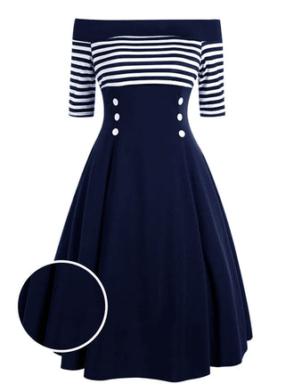 [Vorverkauf] MARINEBLAU 1950ER STREIFEN SCHULTERFREIES KLEID