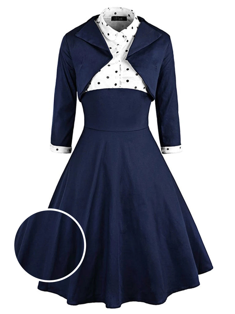 2PCS Marineblau 1950er Tupfen Patchwork Swing Kleid
