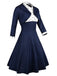 2PCS Marineblau 1950er Tupfen Patchwork Swing Kleid