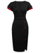 Schwarz 1960er Kurzarm V-Ausschnitt Pencil Kleid