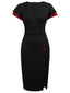 Schwarz 1960er Kurzarm V-Ausschnitt Pencil Kleid