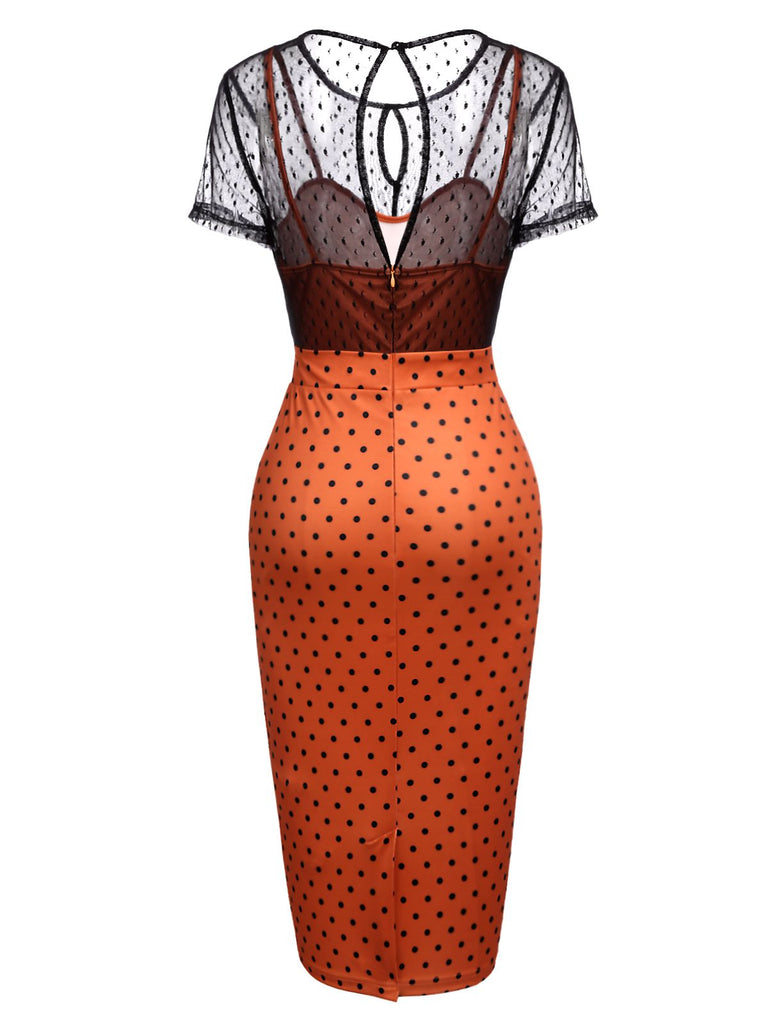 ORANGE VINTAGE KURZARM DOT PENCIL KLEID