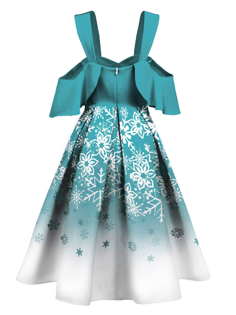 Blau 1950er Schneeflocke Schulterfreies Kleid