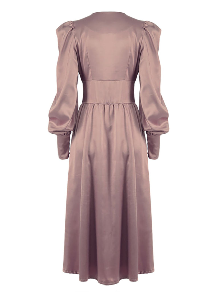 [Vorverkauf] Beige 1940er Solide Seide Geknöpft Tee Kleid
