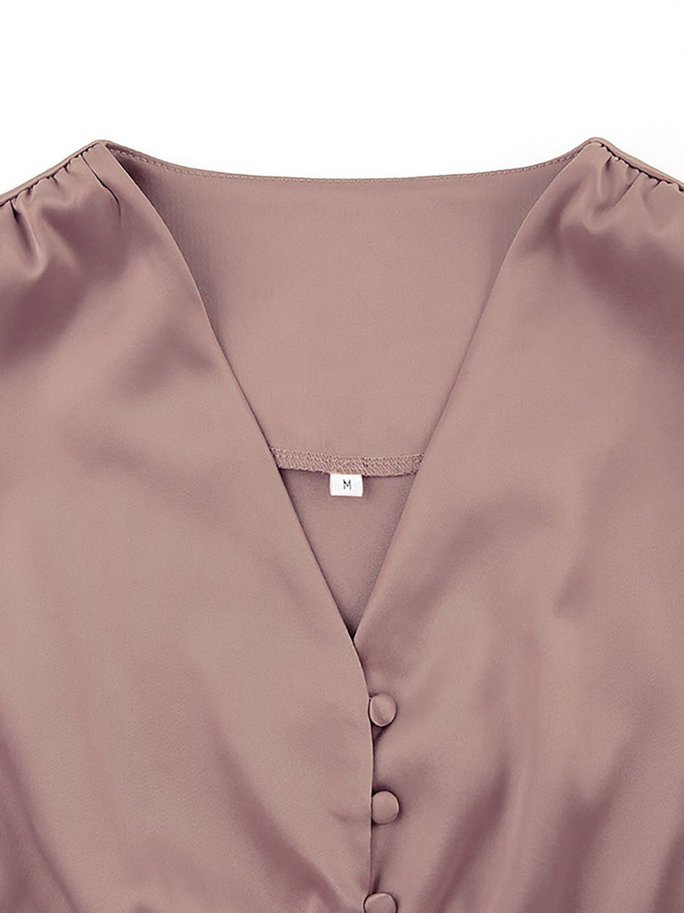 [Vorverkauf] Beige 1940er Solide Seide Geknöpft Tee Kleid
