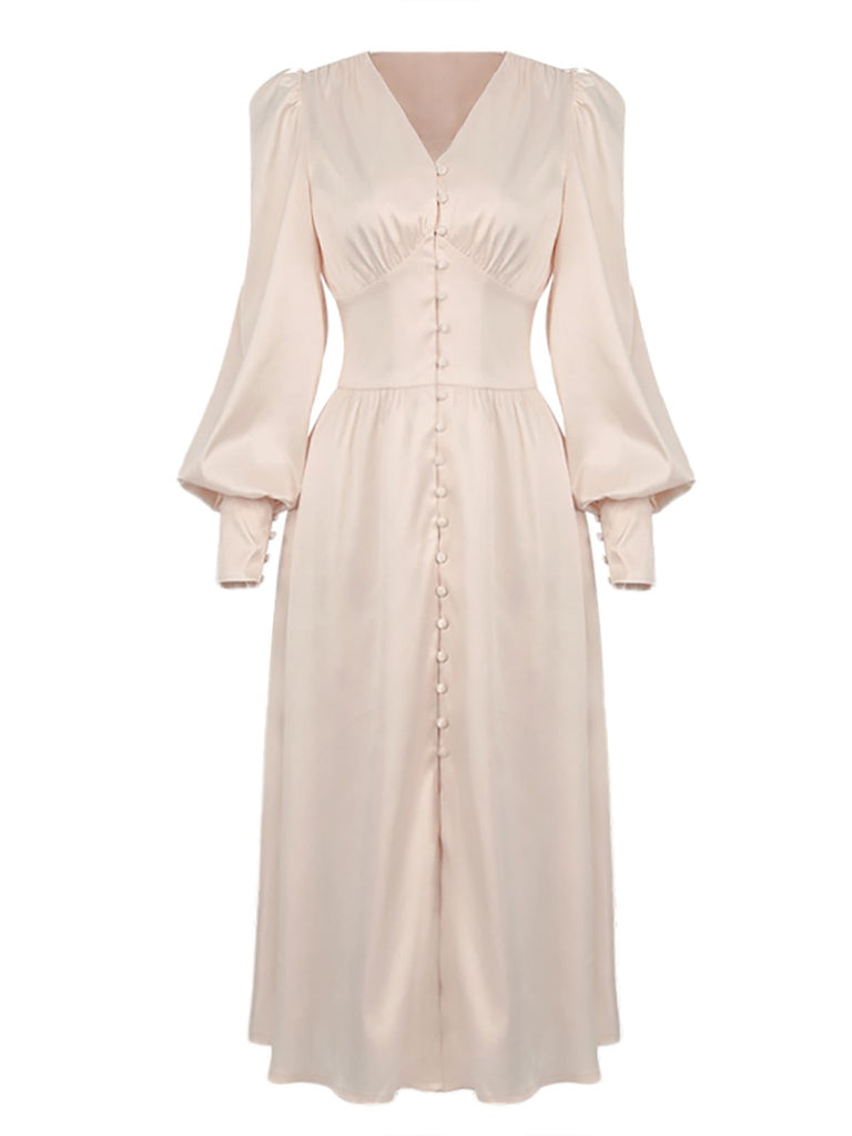 [Vorverkauf] Beige 1940er Solide Seide Geknöpft Tee Kleid