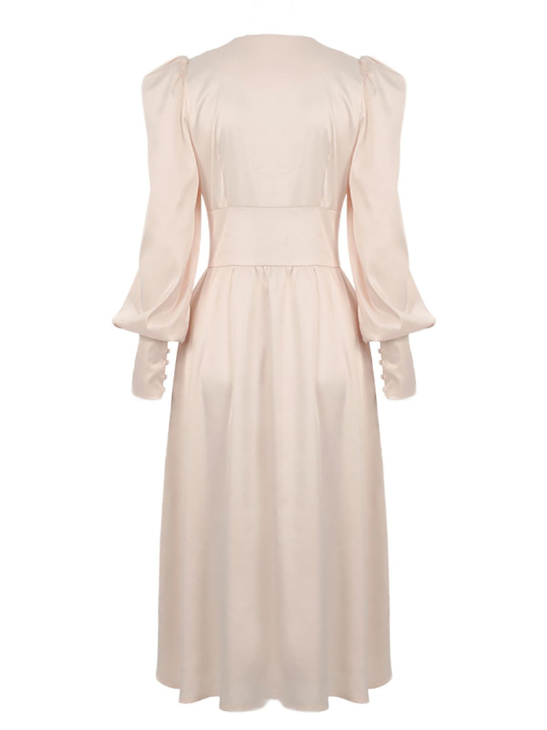 [Vorverkauf] Beige 1940er Solide Seide Geknöpft Tee Kleid