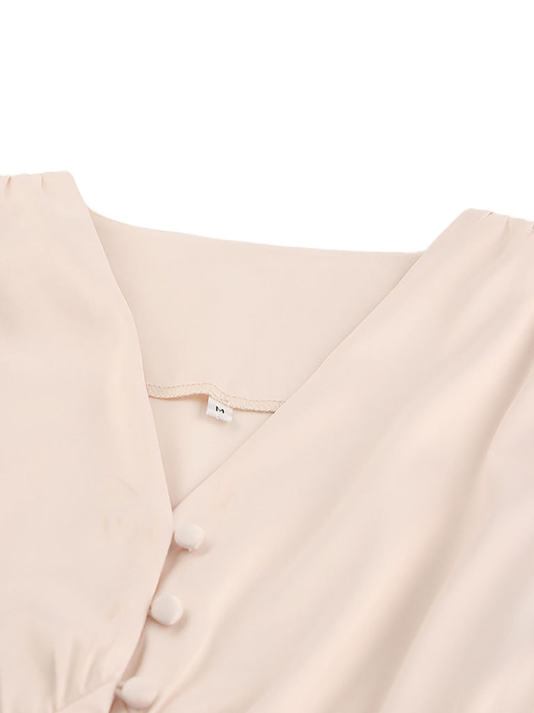 [Vorverkauf] Beige 1940er Solide Seide Geknöpft Tee Kleid