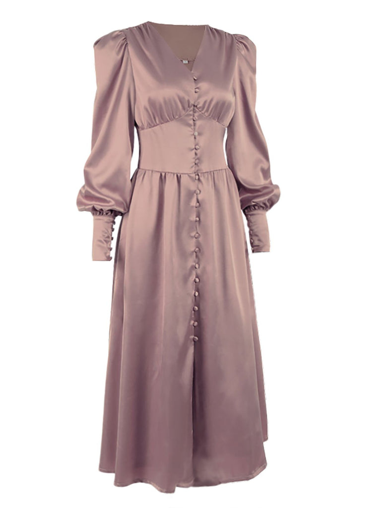[Vorverkauf] Beige 1940er Solide Seide Geknöpft Tee Kleid