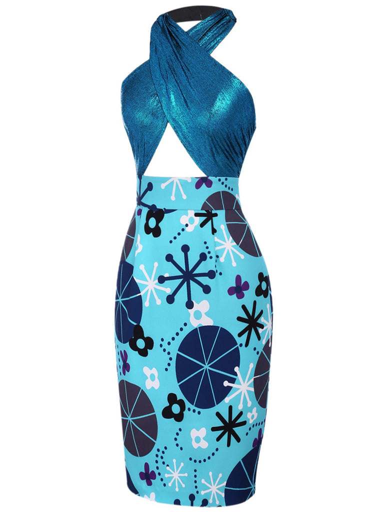 Blau 1960er Halter Abstrakt Blumen Körperbetont Kleid