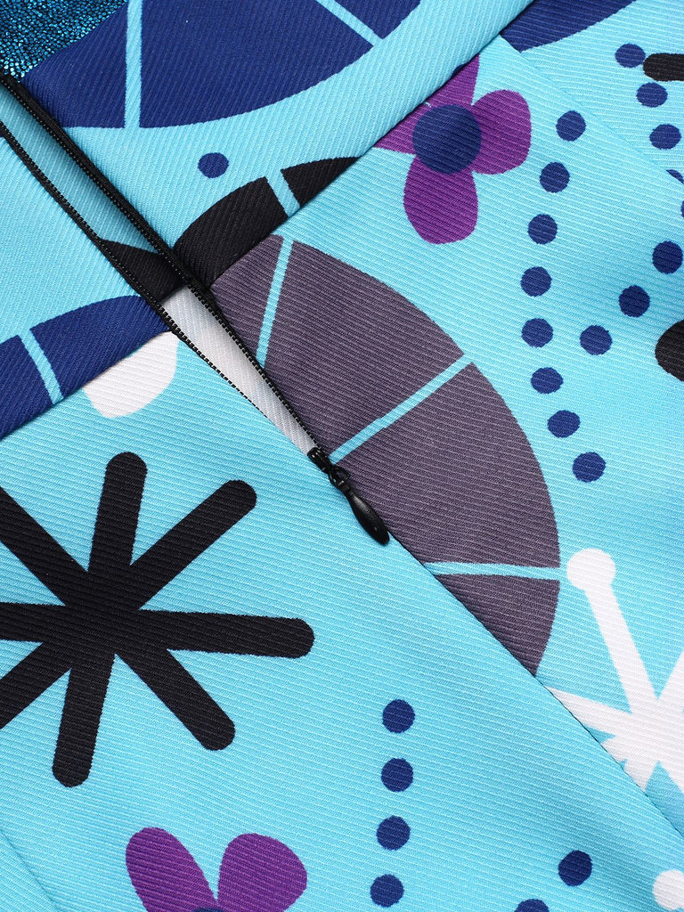 Blau 1960er Halter Abstrakt Blumen Körperbetont Kleid