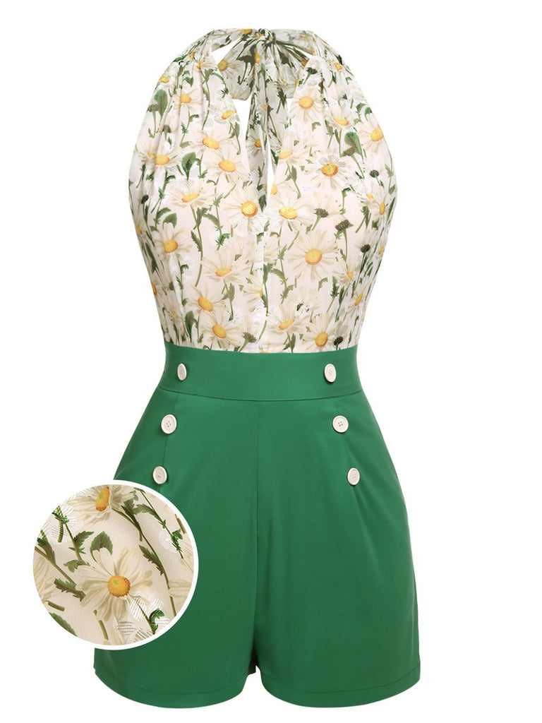 [Vorverkauf] Grün 1950er Blumen Halter Schnürung Vintage Romper
