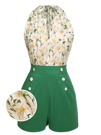 [Vorverkauf] Grün 1950er Blumen Halter Schnürung Vintage Romper