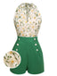 [Vorverkauf] Grün 1950er Blumen Halter Schnürung Vintage Romper