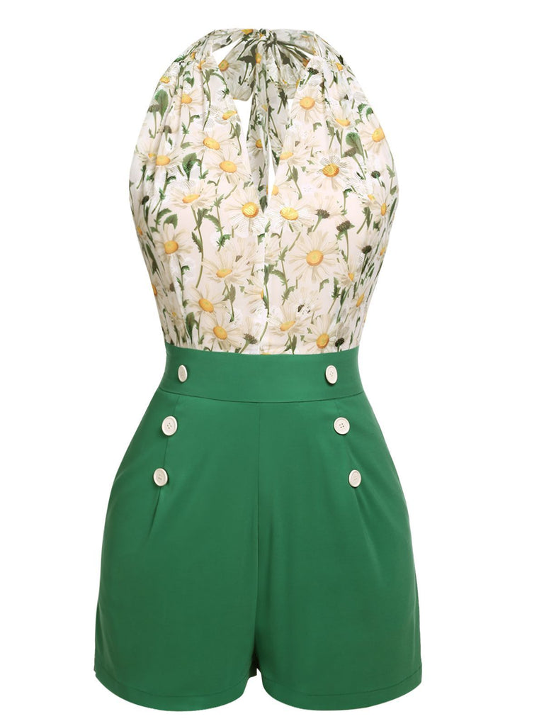 [Vorverkauf] Grün 1950er Blumen Halter Schnürung Vintage Romper