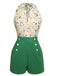 [Vorverkauf] Grün 1950er Blumen Halter Schnürung Vintage Romper