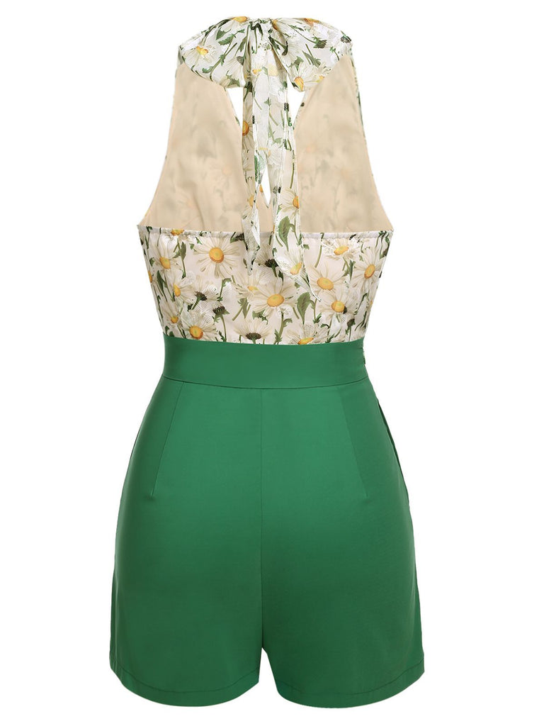 [Vorverkauf] Grün 1950er Blumen Halter Schnürung Vintage Romper