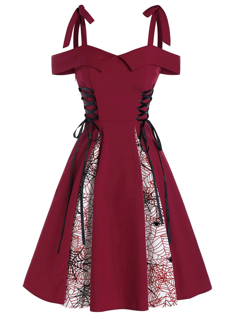 ROT SPAGHETTI SWING KLEID MIT SPINNENNETZ