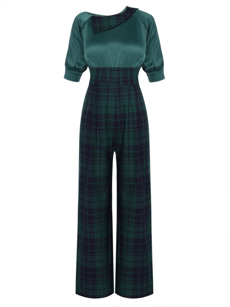 Grün 1930er Karo Patchwork Puff Jumpsuit