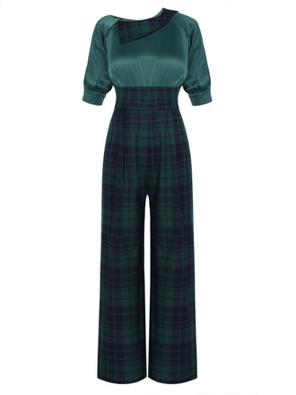 Grün 1930er Karo Patchwork Puff Jumpsuit