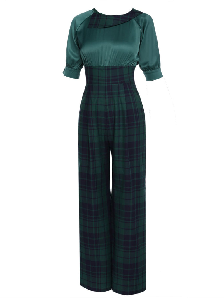 Grün 1930er Karo Patchwork Puff Jumpsuit