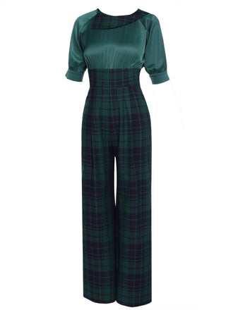 Grün 1930er Karo Patchwork Puff Jumpsuit