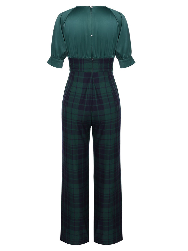 Grün 1930er Karo Patchwork Puff Jumpsuit