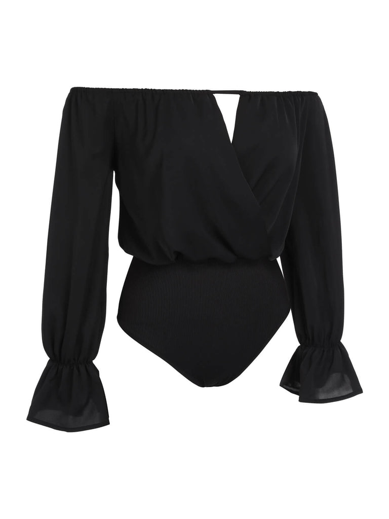 SCHWARZER VINTAGE-BODY MIT BLUMEN V-AUSSCHNITT