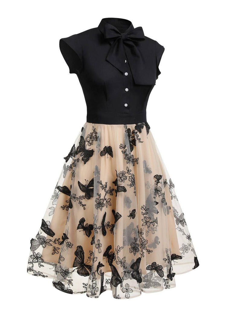 [Übergröße] Schwarz 1950er Schmetterling Patchwork Vintage Kleid