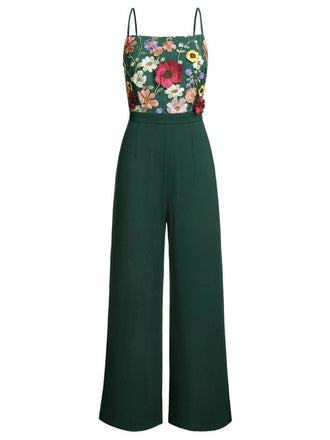 Grün 1930er 3D Blumen Spaghettiträger Jumpsuit