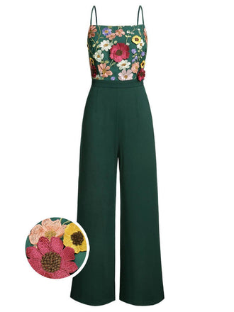 Grün 1930er 3D Blumen Spaghettiträger Jumpsuit