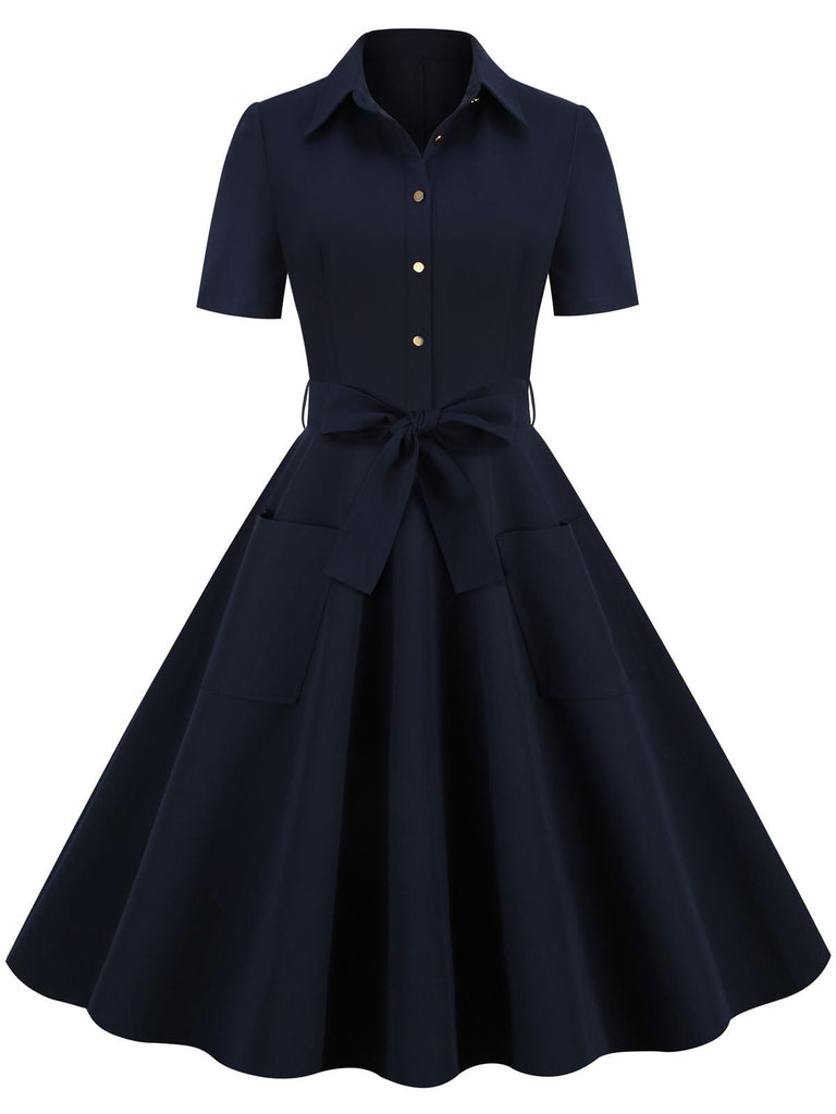 MARINEBLAUES SWING-KLEID MIT EINFARBIGEM GÜRTEL
