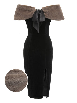 2PCS Schwarz 1960er Solide Kleid & Plüsch Kap