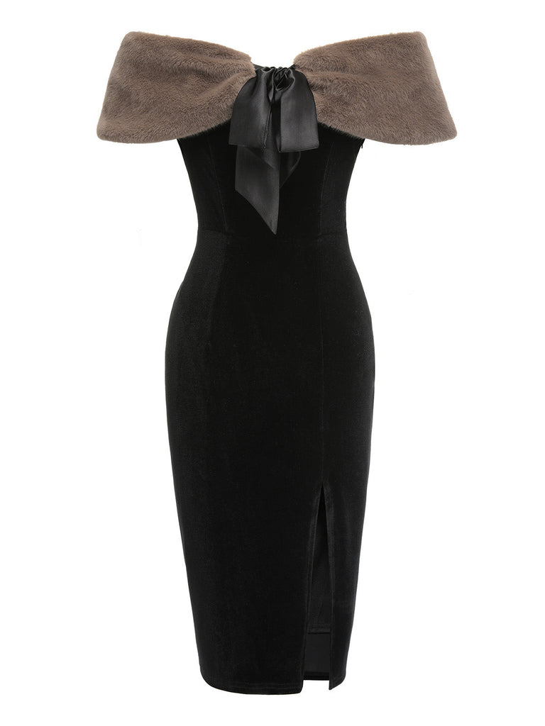 2PCS Schwarz 1960er Solide Kleid & Plüsch Kap