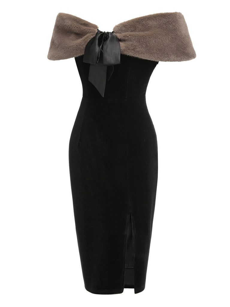 2PCS Schwarz 1960er Solide Kleid & Plüsch Kap